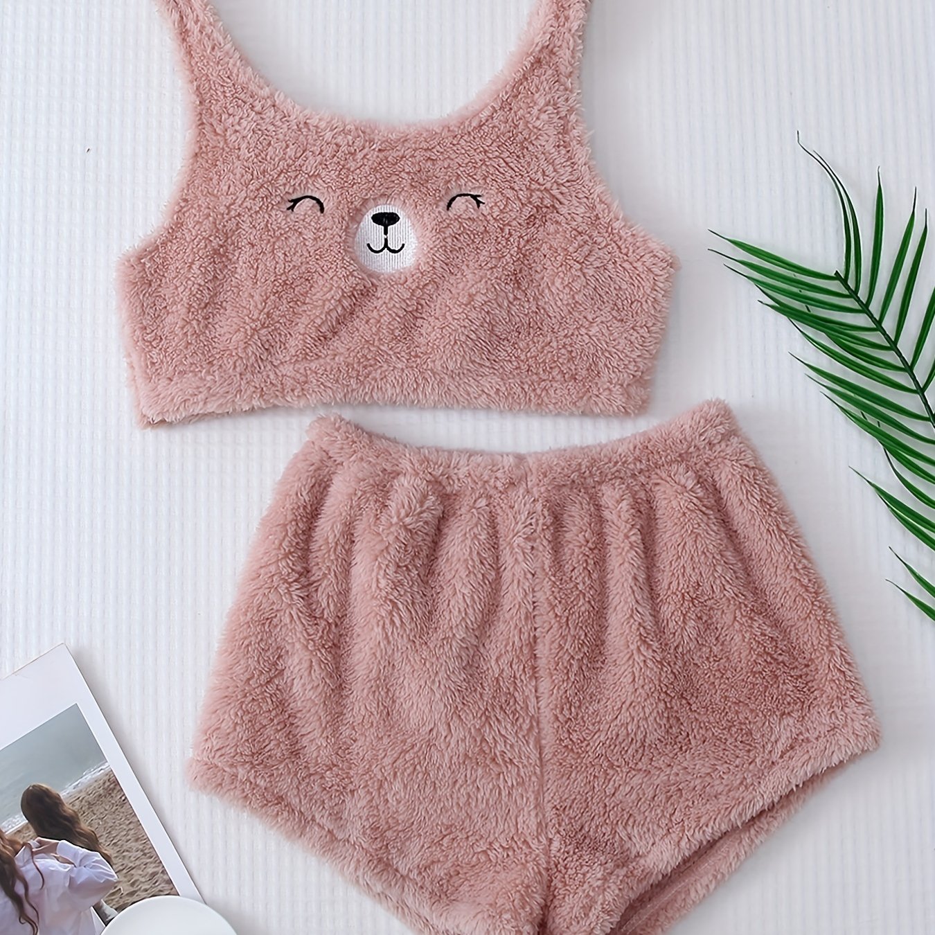 Women's Fuzzy Bear Vest Pajama Set Winter Micro Elastic Polyester Knit