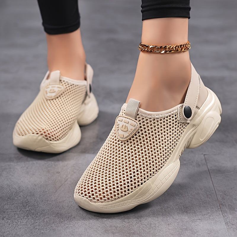 Women's Mesh Casual Sneakers Lightweight Summer Shoes Cushioned Sole Beige White