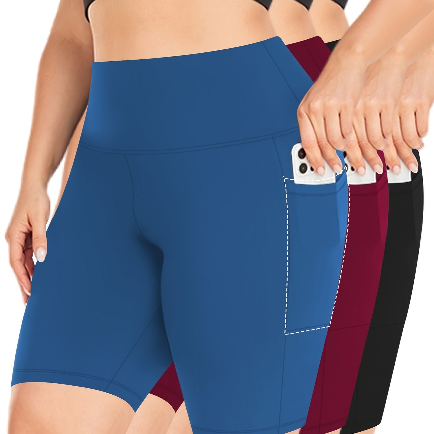 Plus Size High-Waist Stretch Shorts with Pockets Polyester Blend 3-Pack
