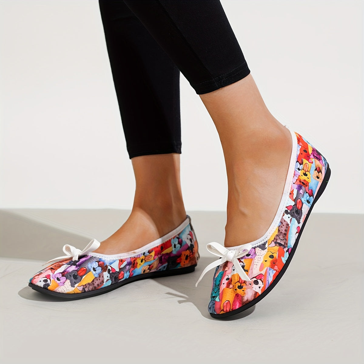 Zapatos planos de lona para mujer con estampado de dibujos animados y detalles de lazo