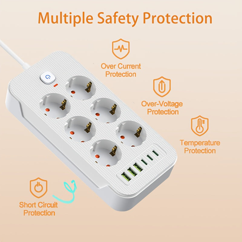 Multifunctional Power Strip with 6 Outlets 3 USB-A 3 Type-C 2M Extension Cable