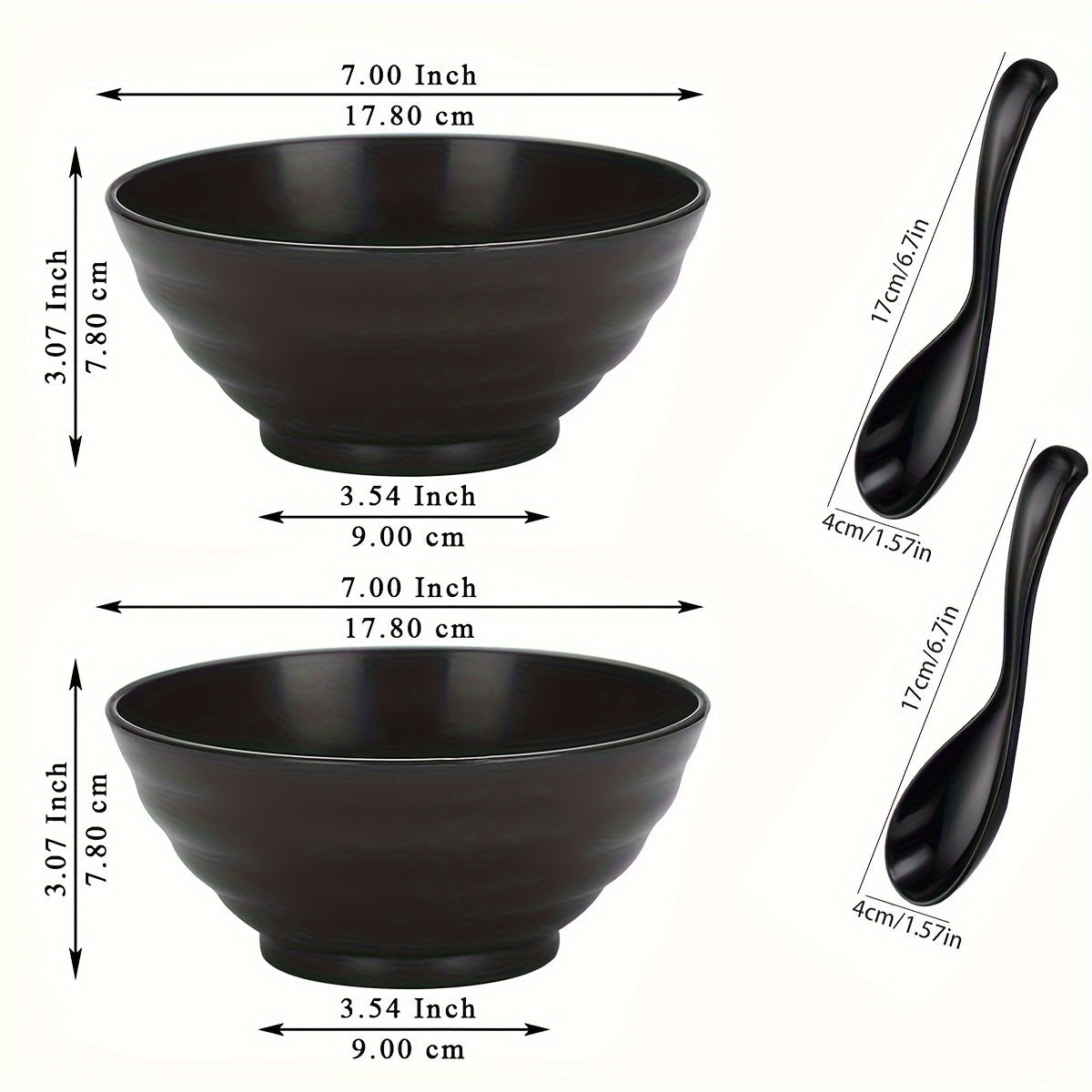 Set of 2 Black Polypropylene Ramen Bowls Microwave Safe Dishwasher Safe with Spoons