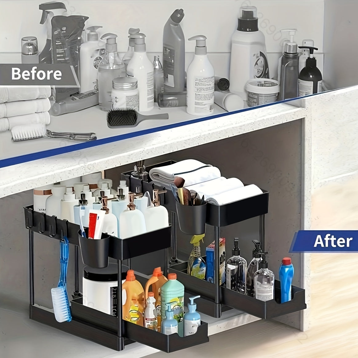 Organizador de plástico para debajo del fregadero con cesta deslizante de 2 niveles y ganchos para baño y cocina