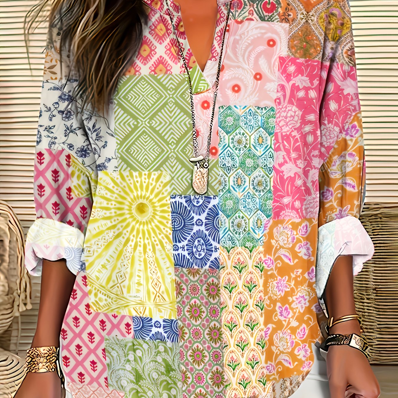 Women's V-Neck Long Sleeve T-Shirt Color Block Plus Size Casual Top