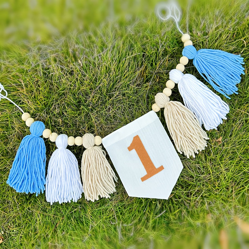 Blue Boho Tassel Garland for First Birthday Party Decorations for Boys