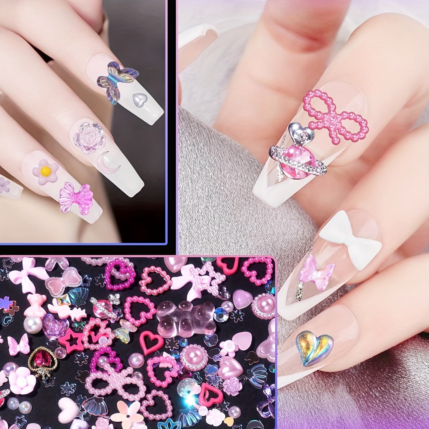 Pink 3D Nail Art Charms with Pearls Gems Hearts Bows for Manicure and Jewelry