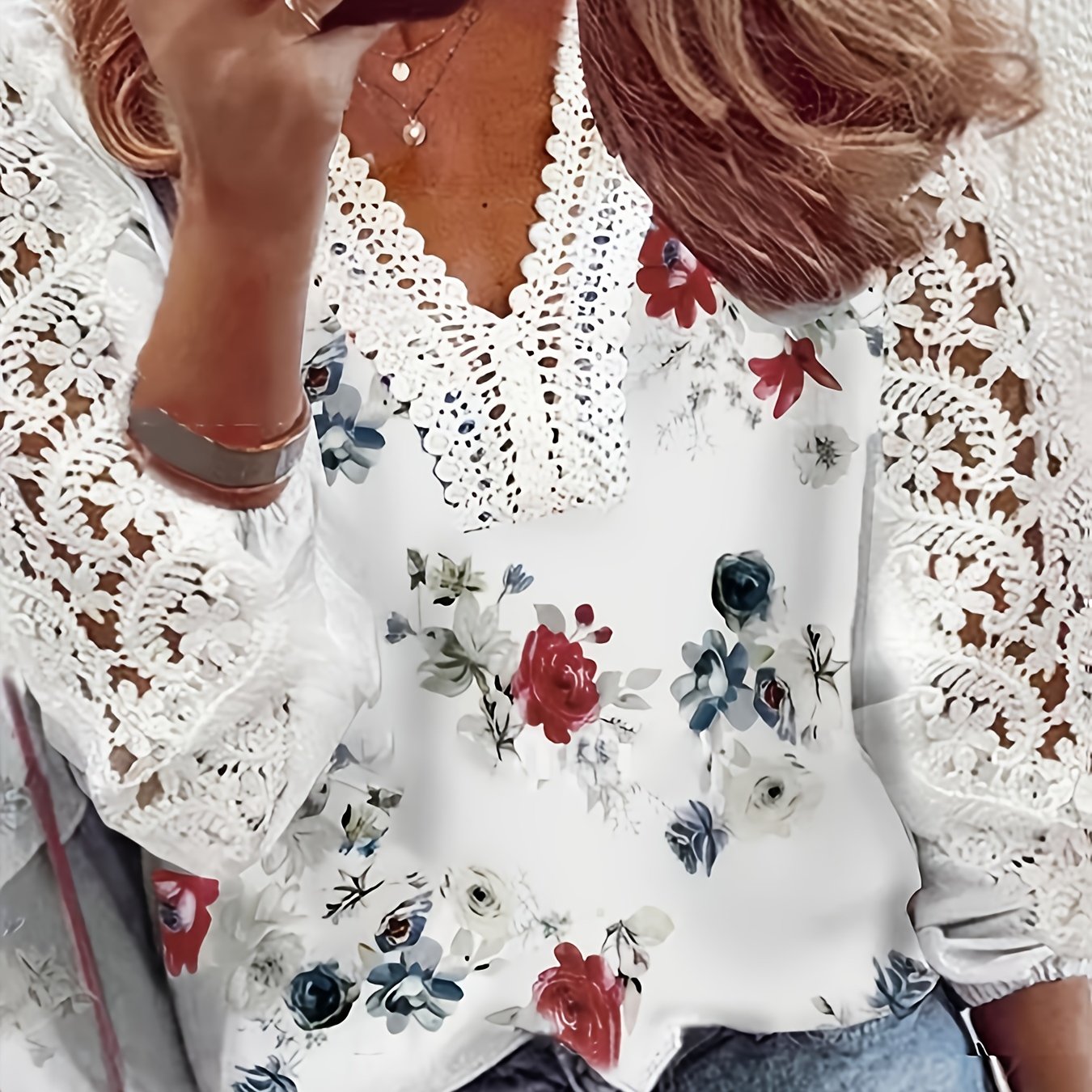 Women's Floral Lace Blouse V-Neck Ruffle Spring Summer Fall