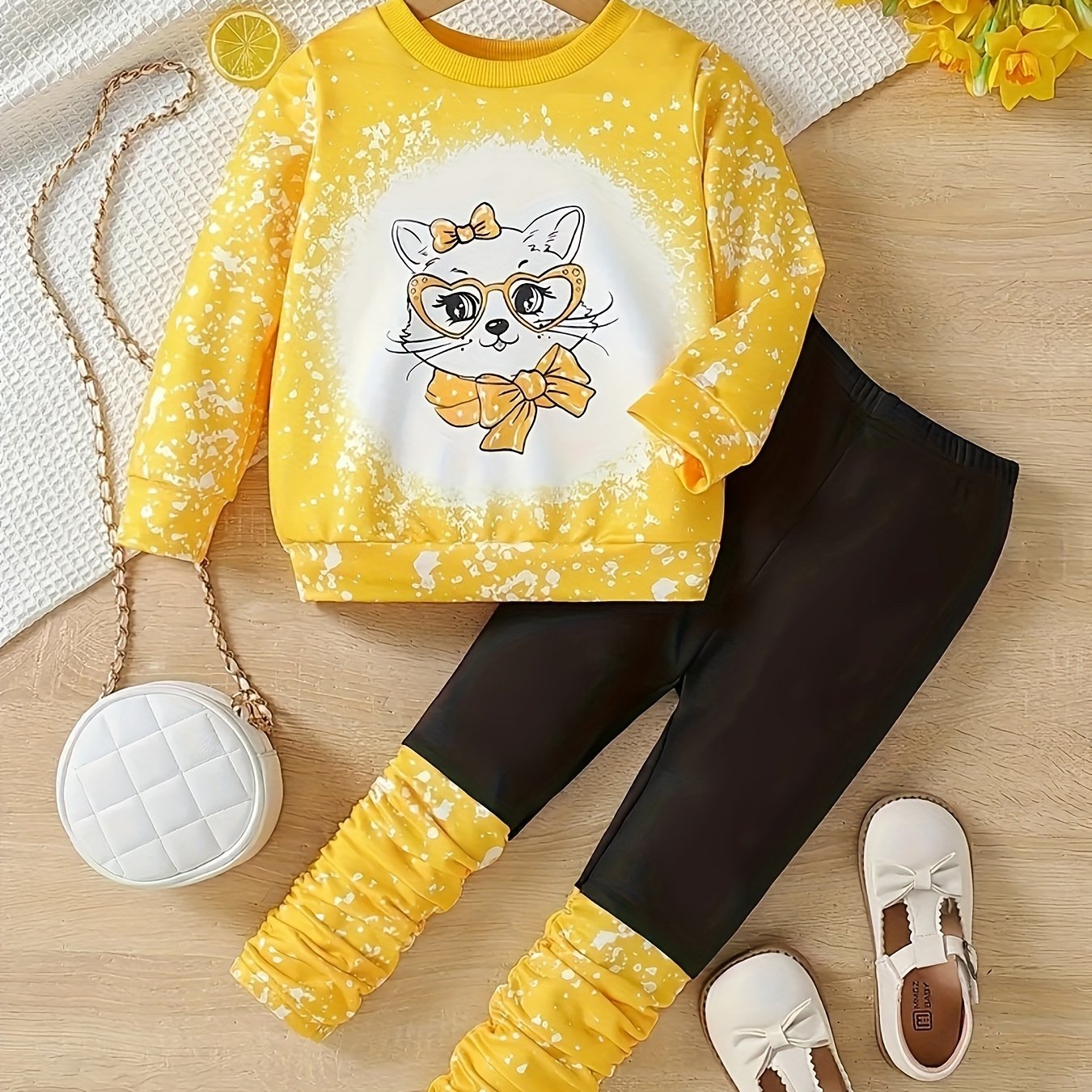 Girls' Sweatshirt and Joggers Set with Cartoon Cat Pattern Polyester Casual All-Season