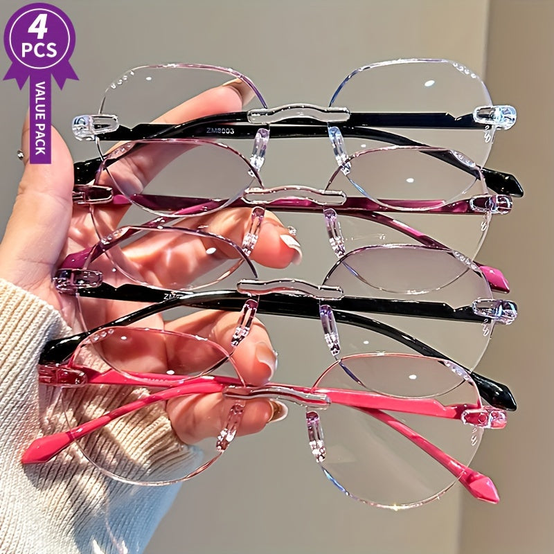 Uniseks o'qish ko'zoynaklari, rhinestone bezaklari va nafis chekka dizayni bilan 4 juft yengil ramkalar +1.0 dan +4.0 dioptersgacha