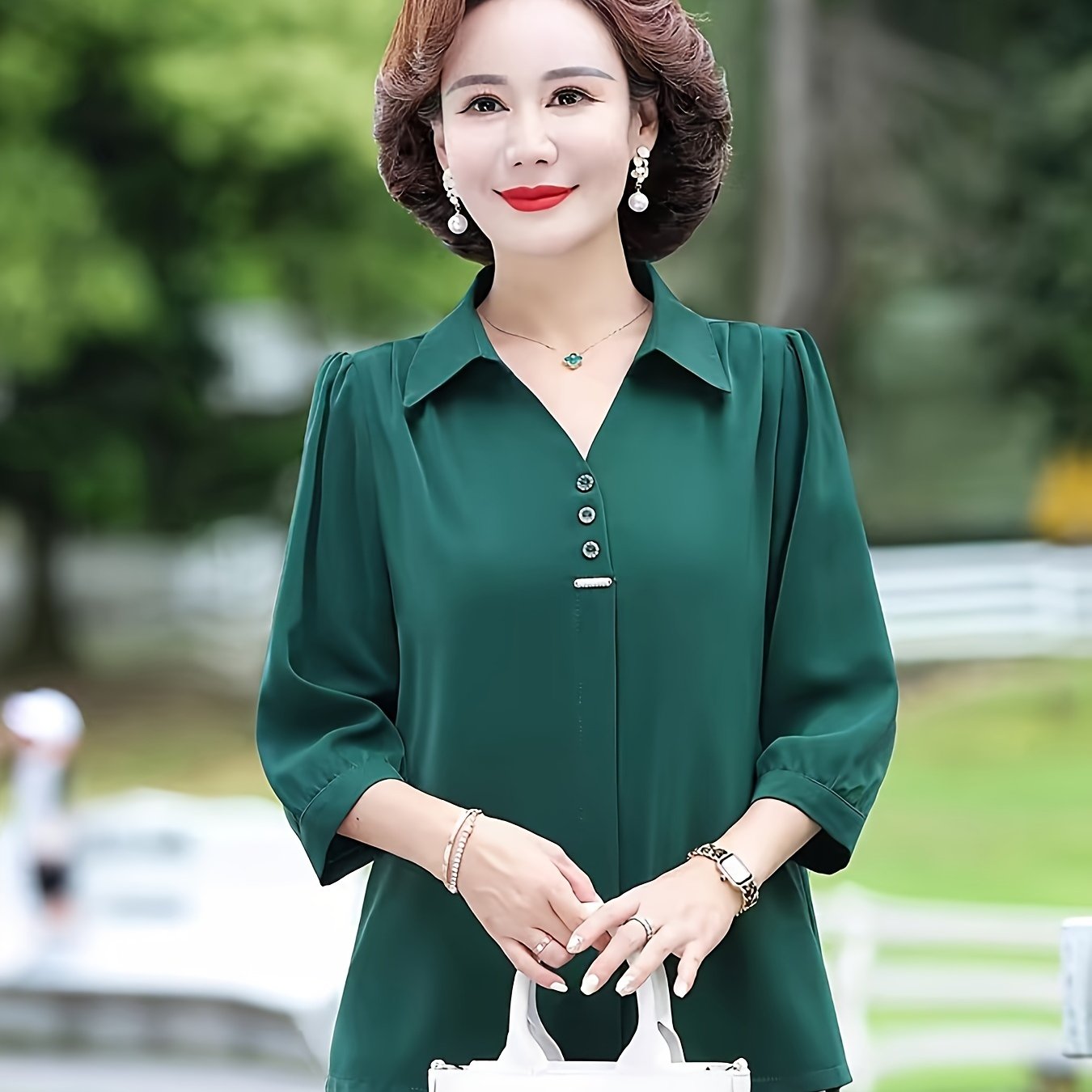 Women's Purple Chiffon Blouse with 3/4 Sleeves, Slim Fit, Decorative Buttons