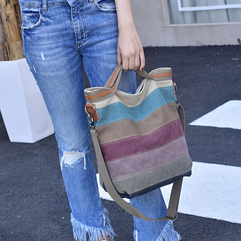 RUYIHUANG Ayollar uchun Tasodifiy Tashish Sumkasi: Katta Hajm, Ko'p Bo'limli, Ajraladigan Yelka Tasmasi bilan Rangli Dizayn, Bej va Ko'k-Yashil Chiziqli Nizom, Har Kunlik Foydalanish