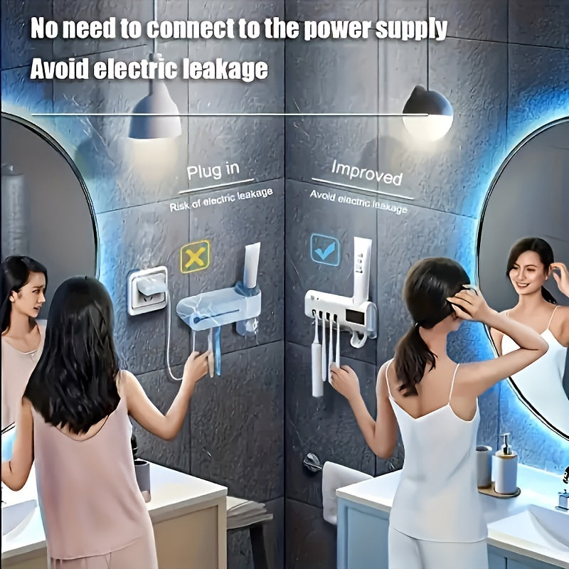 UV Sterilizer Toothbrush Holder Wall Mount with 4 Slots and Toothpaste Dispenser