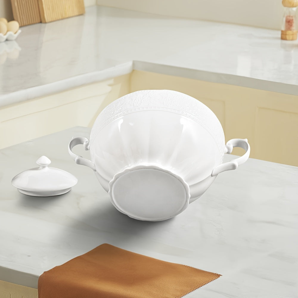 White Ceramic Soup Tureen with Lid and Handle for Home and Restaurant Use