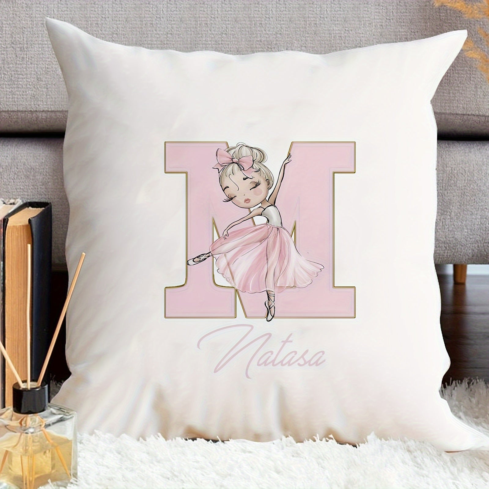 Shaxsiylashtirilgan samoviy yostiq qopqog'i, balet qiz dizayni bilan, pushti harflar, divan uchun dekor, bitta tomonli bosma