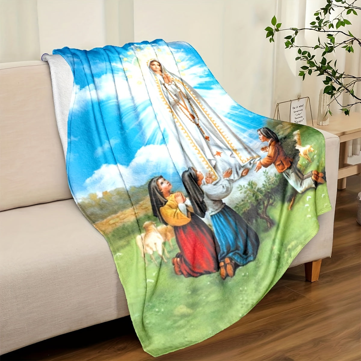 Flannel Throw Blanket with Virgin Mary Print for Couch Bed Office Outdoor All Seasons