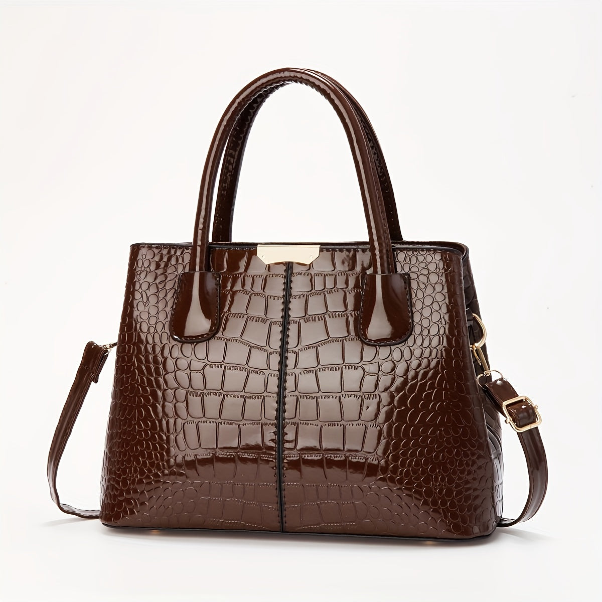 Black Crocodile Pattern Handbag with Adjustable Strap and Zipper Closure