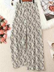 Plus Size Women's Wide-Leg Pants White Black Striped Casual Beachwear