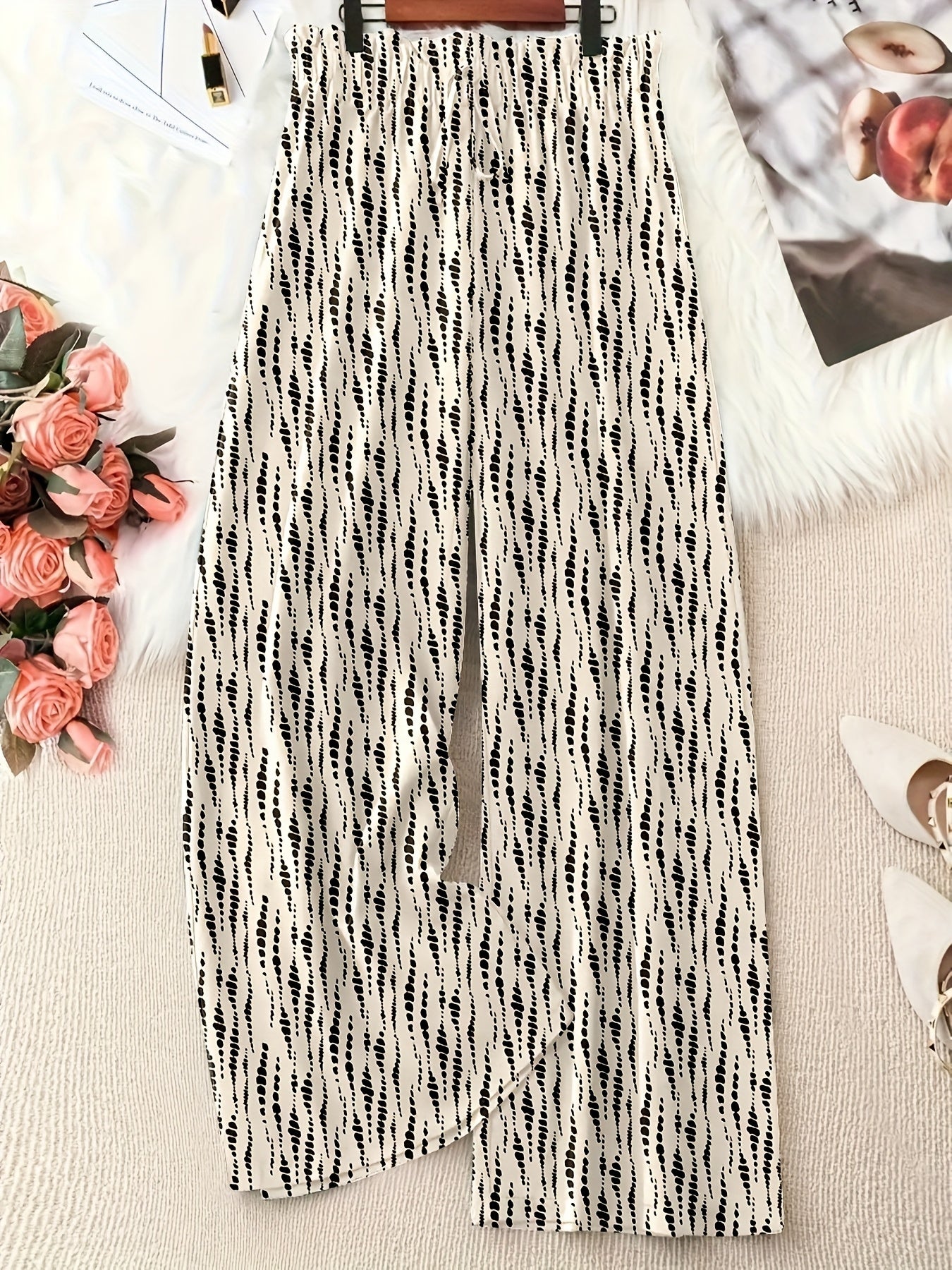 Plus Size Women's Wide-Leg Pants White Black Striped Casual Beachwear