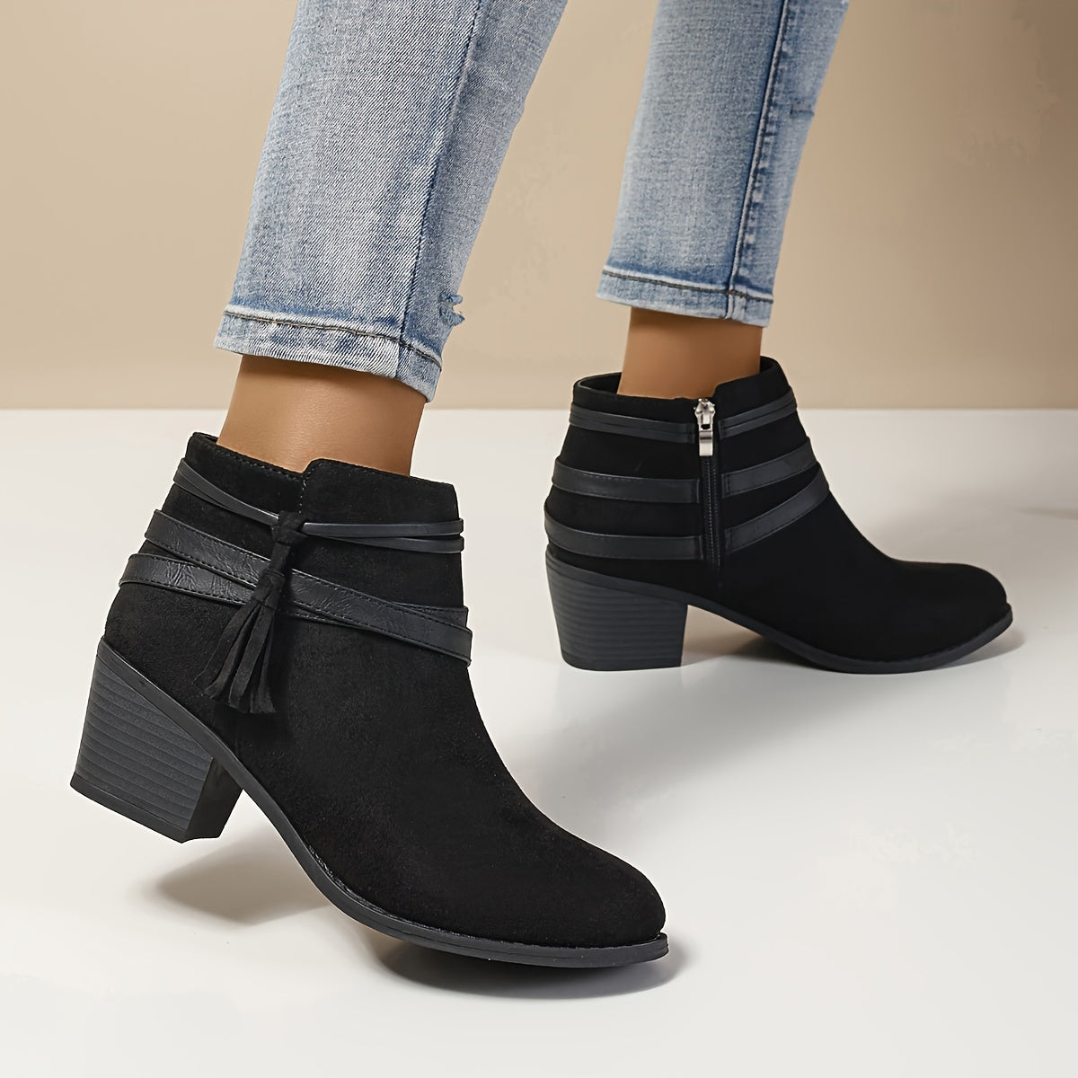 Women's Platform Boots with Tassel Inside Zipper Chunky Heel