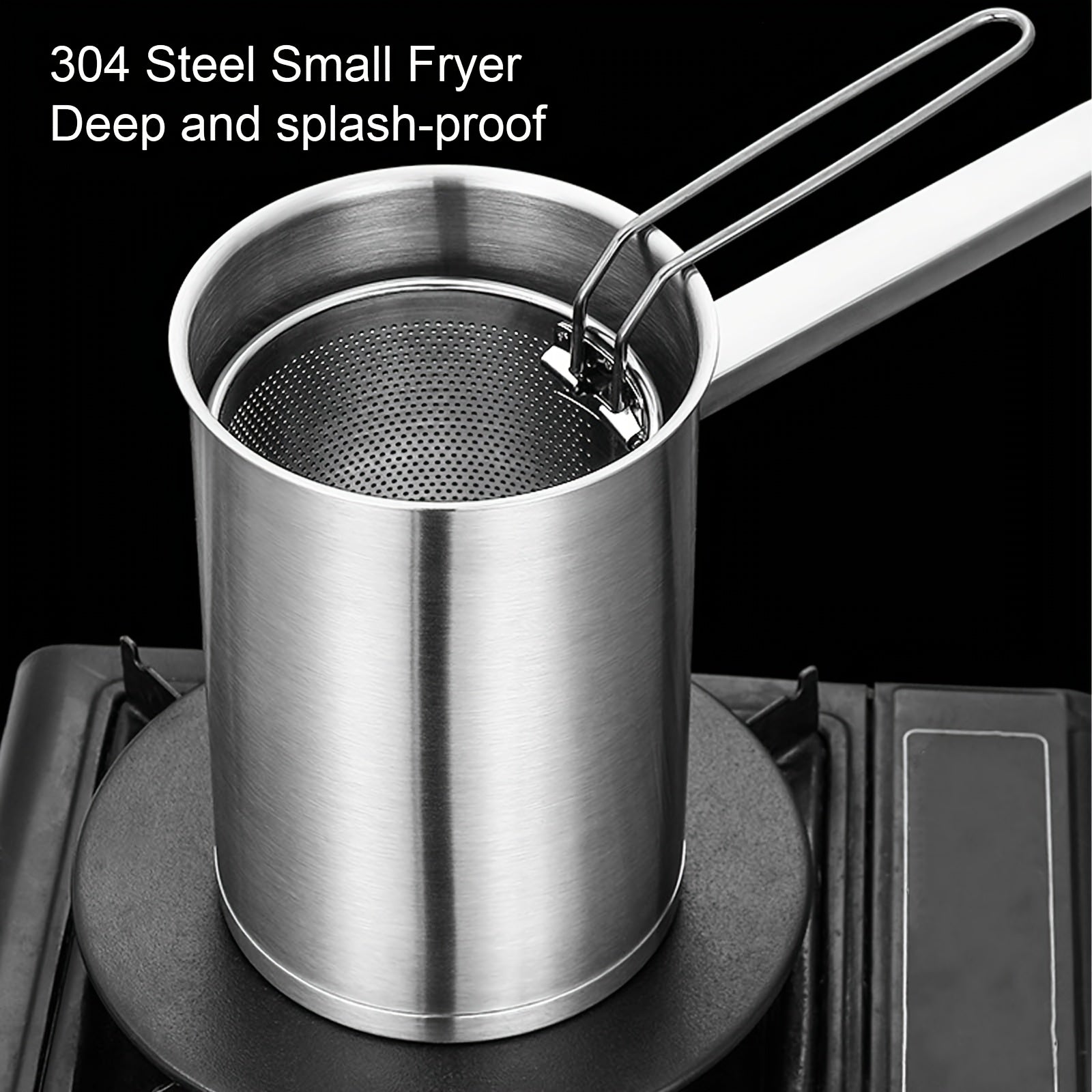 304 Sinfiy Stainless Steel Mini Fryer filtrlash tarmog'i bilan, chuqur, suyuqlikdan himoyalangan, Gaz va induksiya pechlari uchun ideal, Tovuq va Fransuz kartoshkasi uchun mukammal, Fryer aksessuarlari.