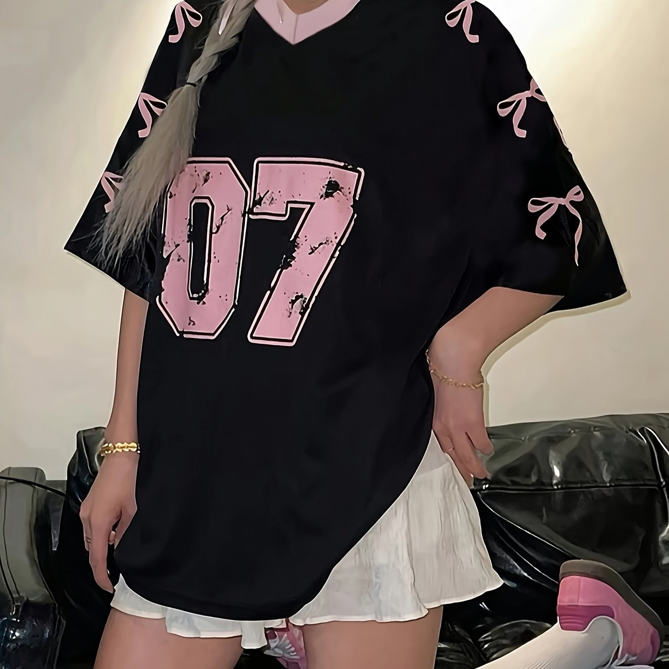 Women's Black V-Neck T-Shirt with Bow and Number Print Casual Short Sleeve Polyester