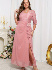 Women's Plus Size Chiffon Dress with Lace Appliqué and Contrast Waistband