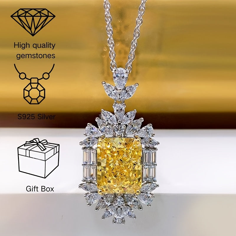 Sterling Silver Pendant Necklace with Yellow Synthetic Gemstone and Cubic Zirconia