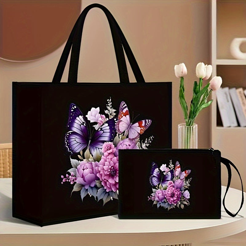 2-Piece Canvas Tote Bag and Wallet Set with Butterfly Floral Print Black