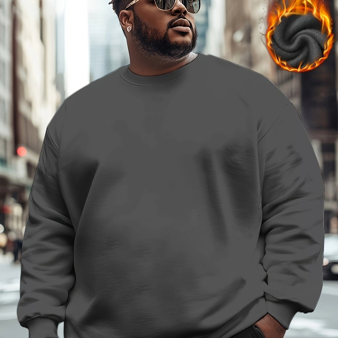 Sudadera de cuello redondo con forro de felpa para hombre talla grande con capucha, color sólido, tela elástica