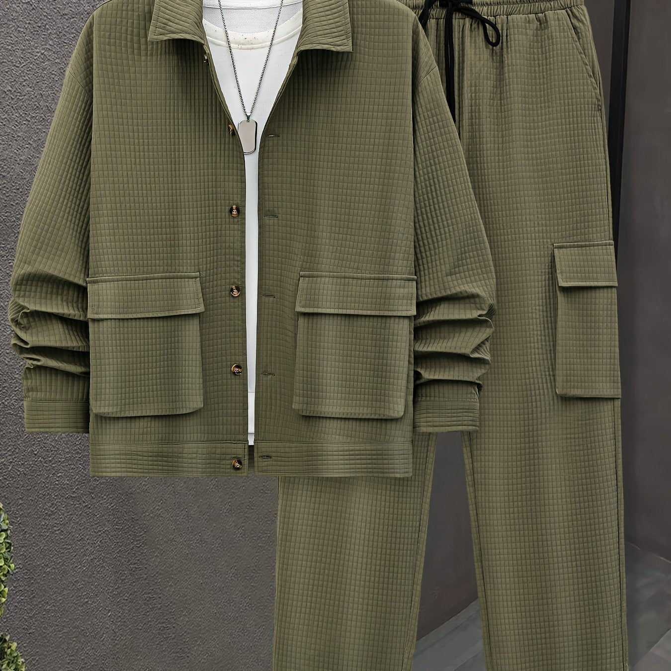 Men's Solid Color Polyester Long-Sleeved Shirt and Drawstring Casual Pants Set