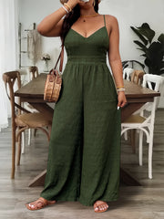 Mono de mujer verde de poliéster con escote en V y pantalones anchos