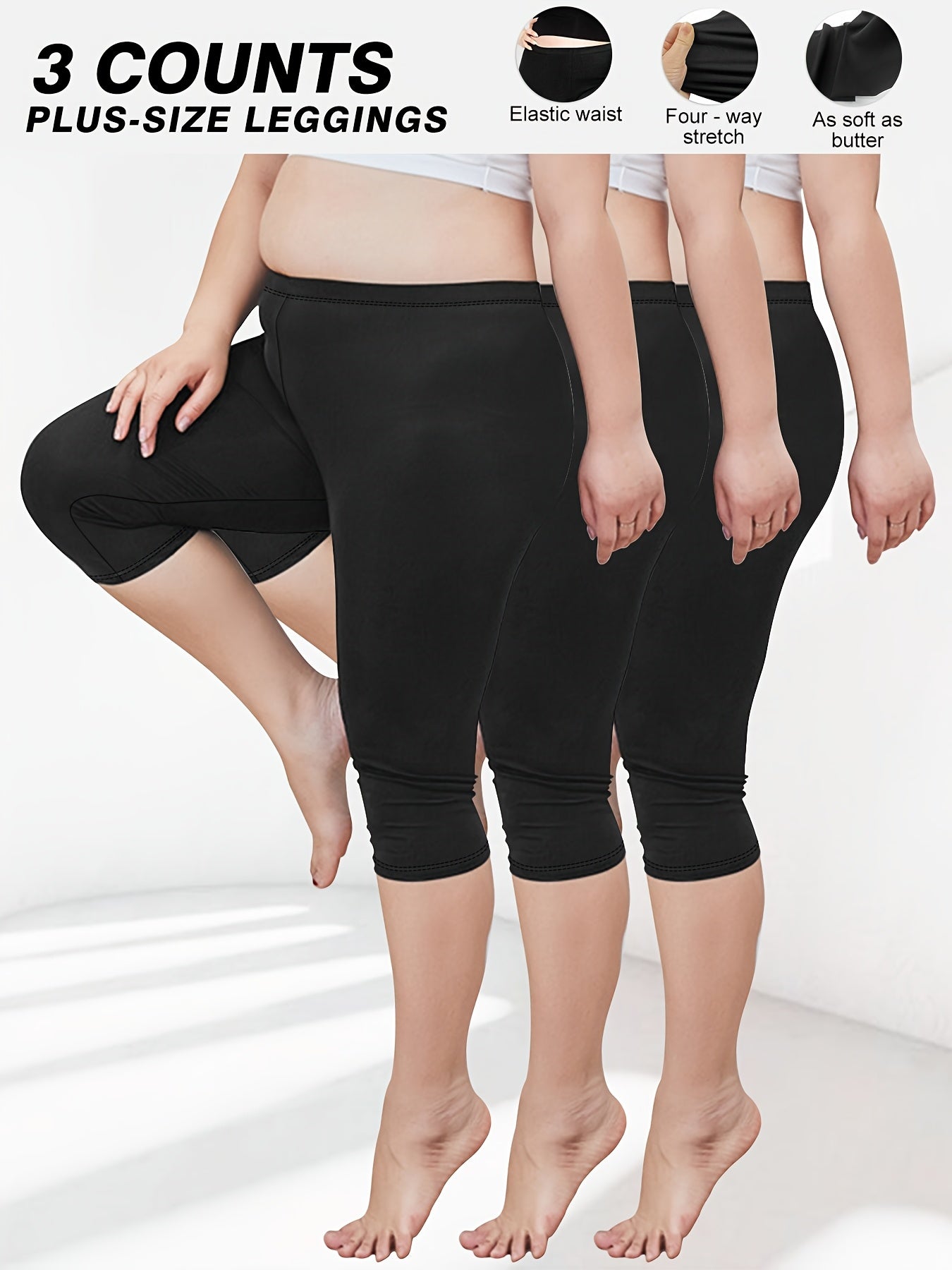 Plus Size Women's High-Waisted Capri Leggings 3 Pack Black Lightweight Soft