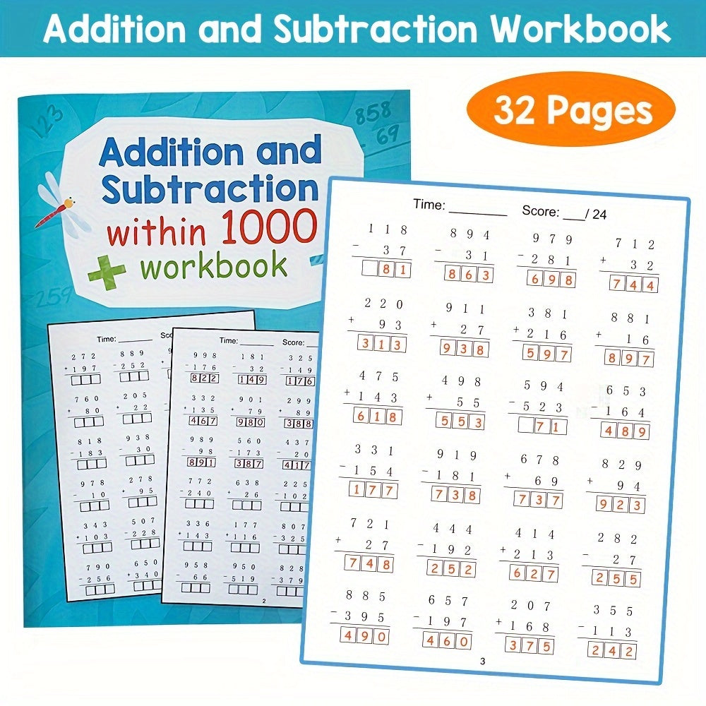 32-Page Math Workbook for Children Ages 3 Plus Addition and Subtraction to 1000 Educational Activities