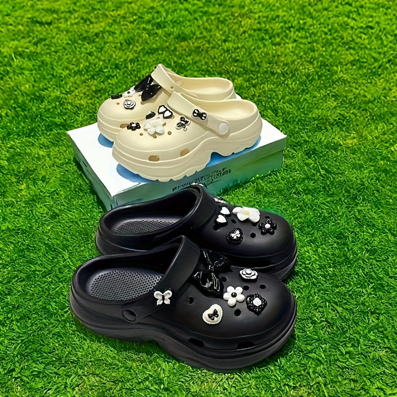 Женские пляжные туфли EVA с толстой подошвой, цветочные, черные и белые, комфортные для лета