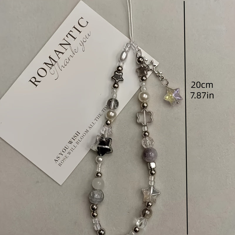 Beaded Phone Lanyard with Star and Pearl Accents for Cellphones and Cameras