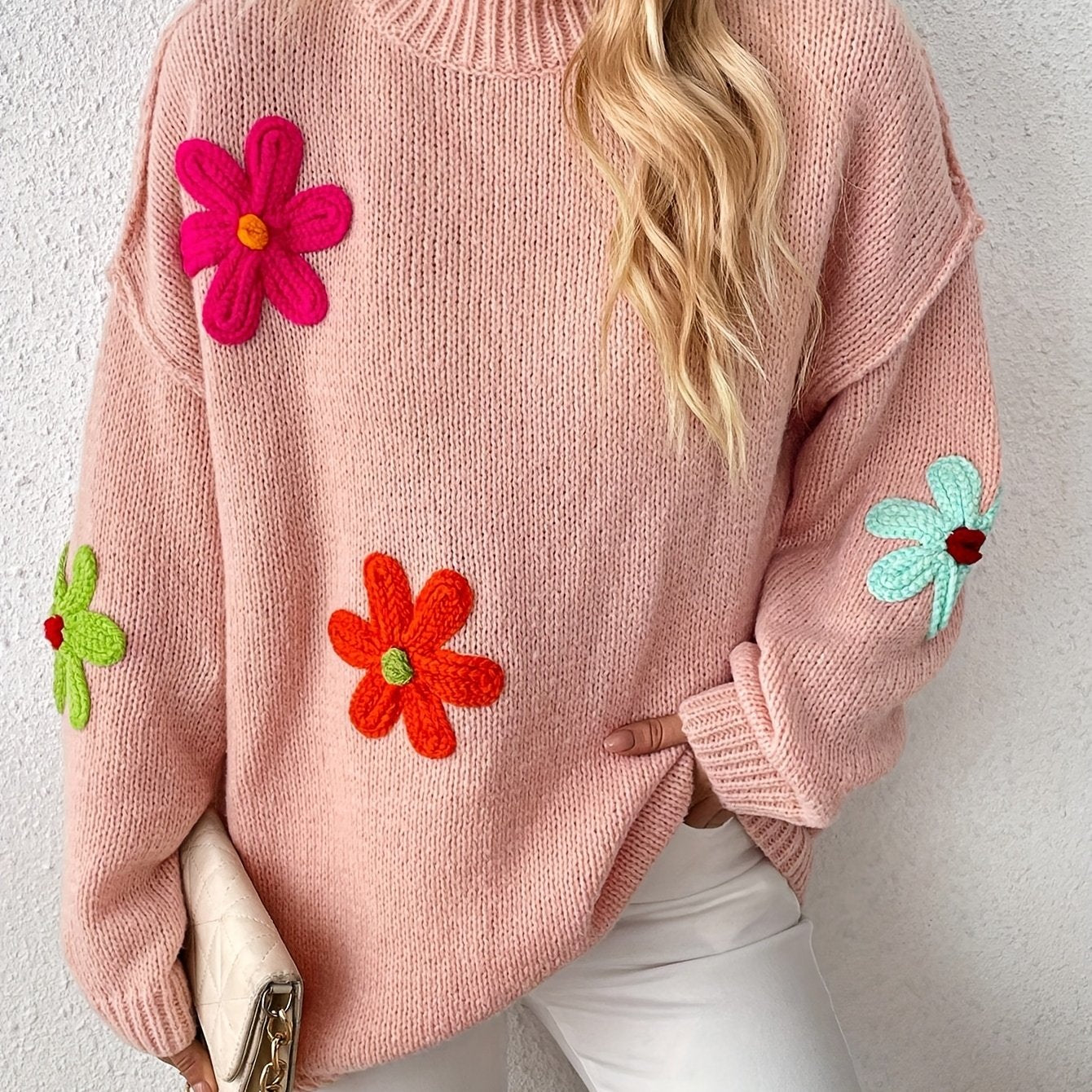 Plus Size Floral Applique Knit Sweater Casual Long Sleeve High Neck Top
