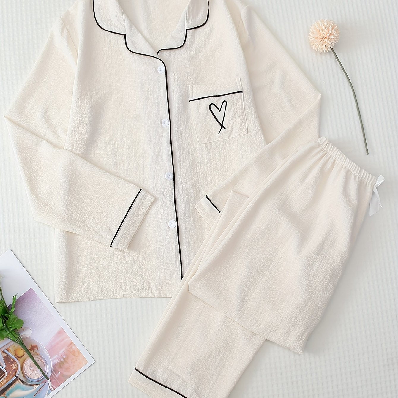 Women's Heart Print Pajama Set Long Sleeve Button Top Elastic Waistband Pants Fall Lounge Sleepwear