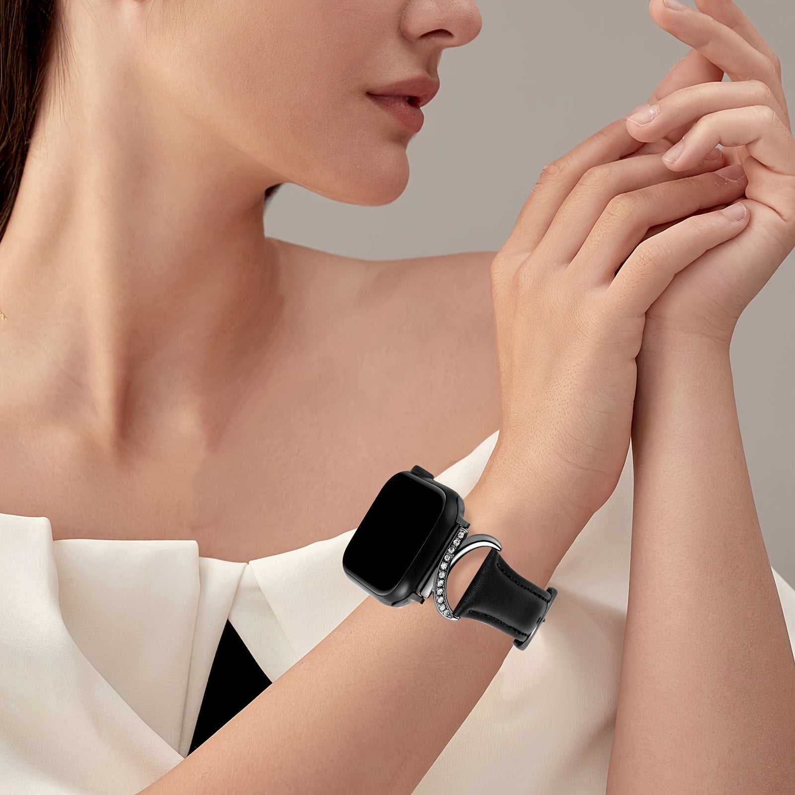 Women's Ultra-Thin Calfskin Watch Strap for Apple Watch Series 1-9 38mm-49mm Rhinestone Design