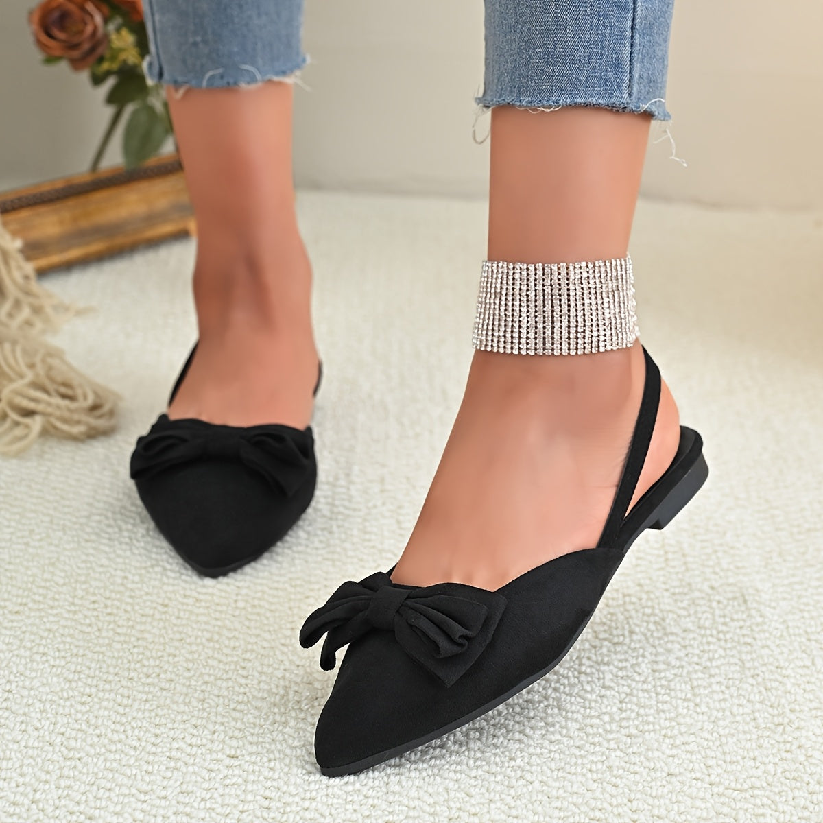 Women's Mary Jane Sandals with Bow Detail Pointed Toe Slip-On Summer Shoes