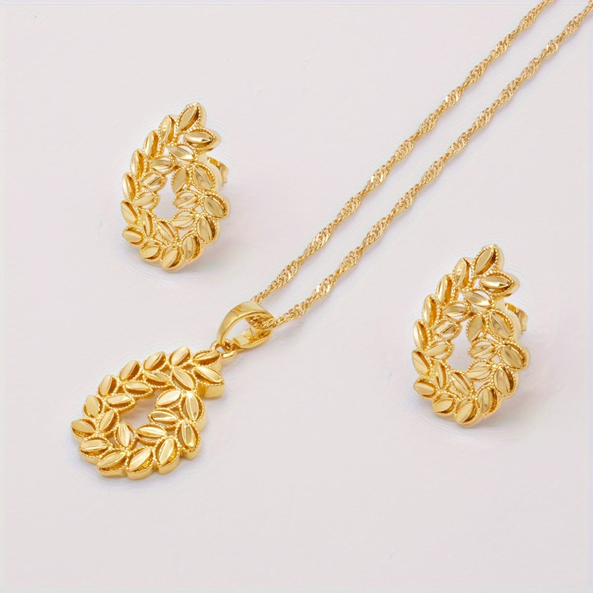 18k Gold Plated Jewelry Set Earrings and Necklace Wheat Design for Women