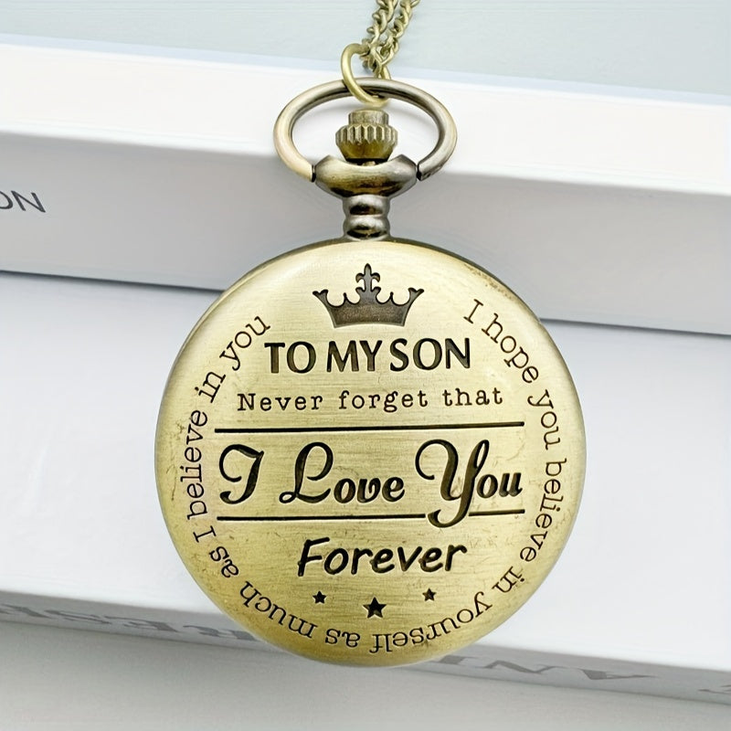 Men's Bronze Pocket Watch with Engraved I Love You Message Circular Dial Quartz Movement Durable Alloy Casing