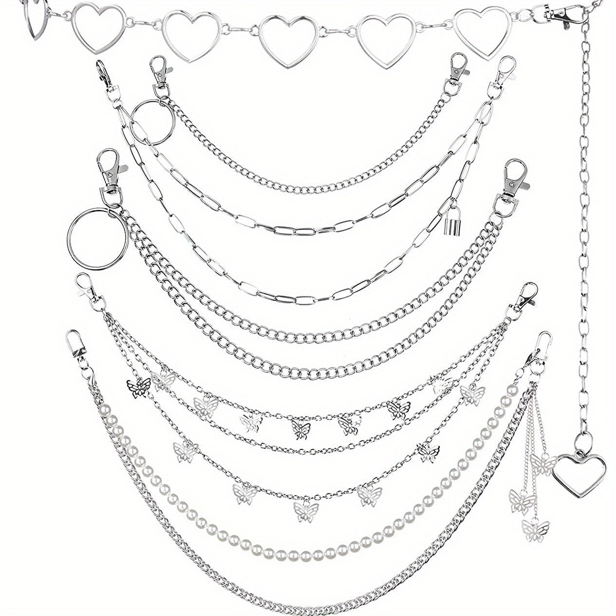 Pantalones de mezclilla punk para hombres y mujeres con cadena en la cintura y cadenas de múltiples capas de hip-hop