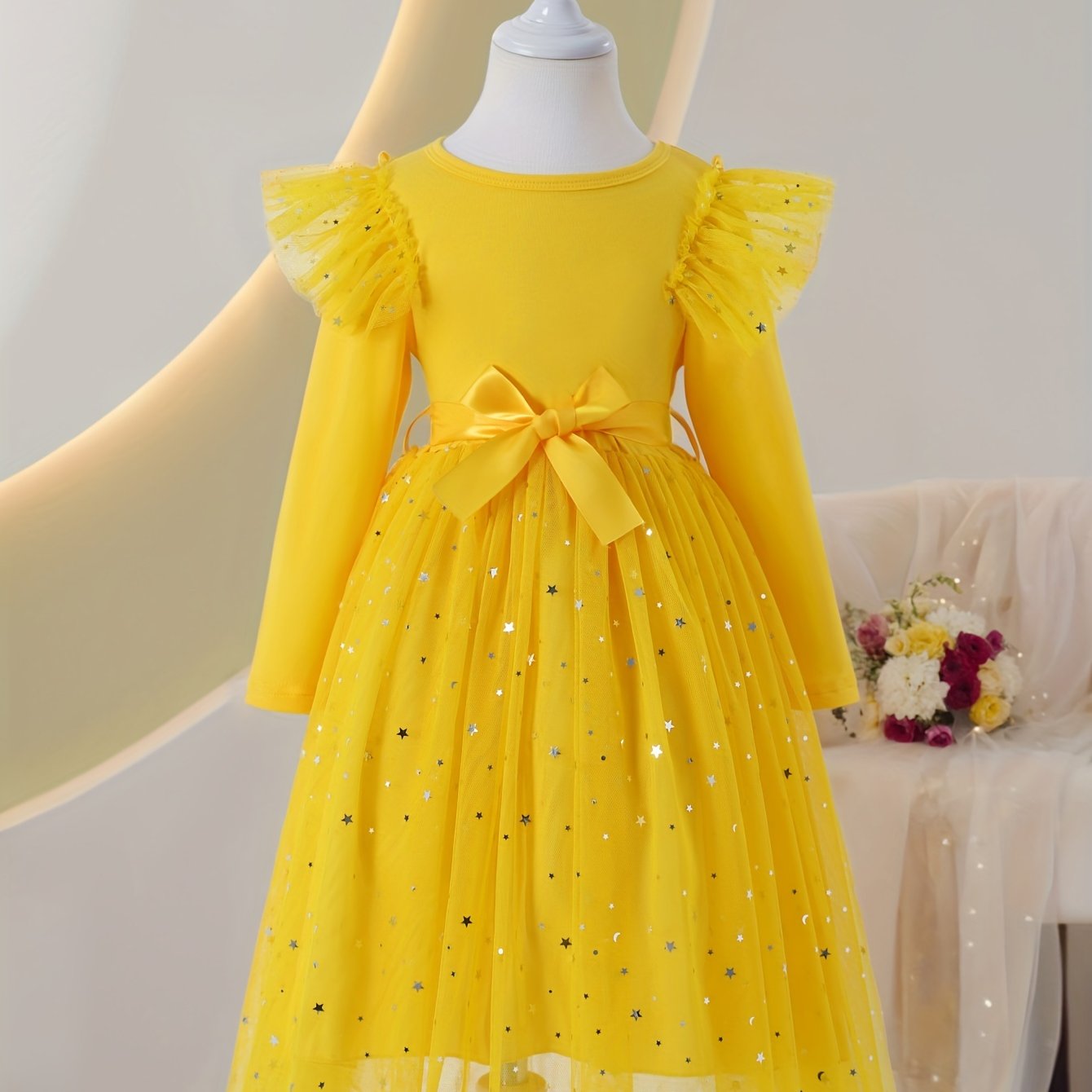 Girls Long Sleeve Tulle Hem A-line Dress for Spring Fall Casual Party Outdoor