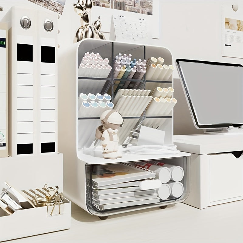 Plastic Desk Organizer with Drawer and Multi-Compartment Pen Holder for Office Supplies