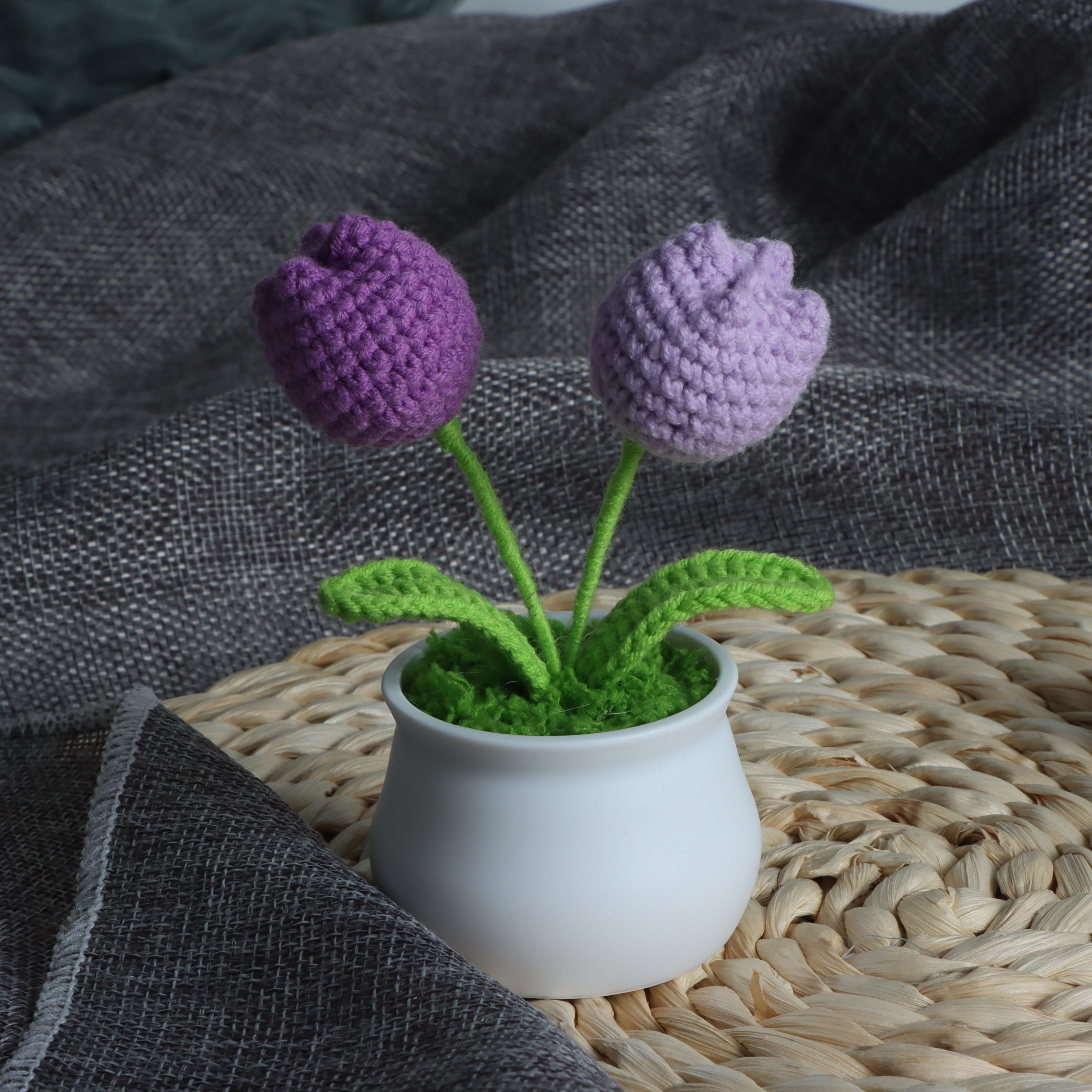 Crochet Tulip Flower Pots Faux Floral Decor for Home and Kitchen