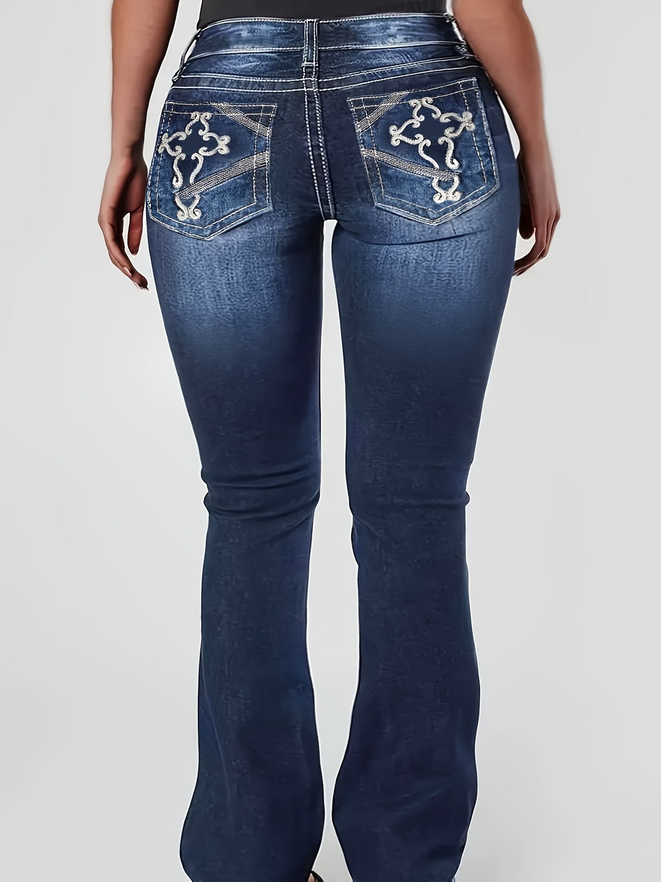 Plus Size High-Waist Bootcut Jeans with Embroidered Pockets Stretch Denim Blue