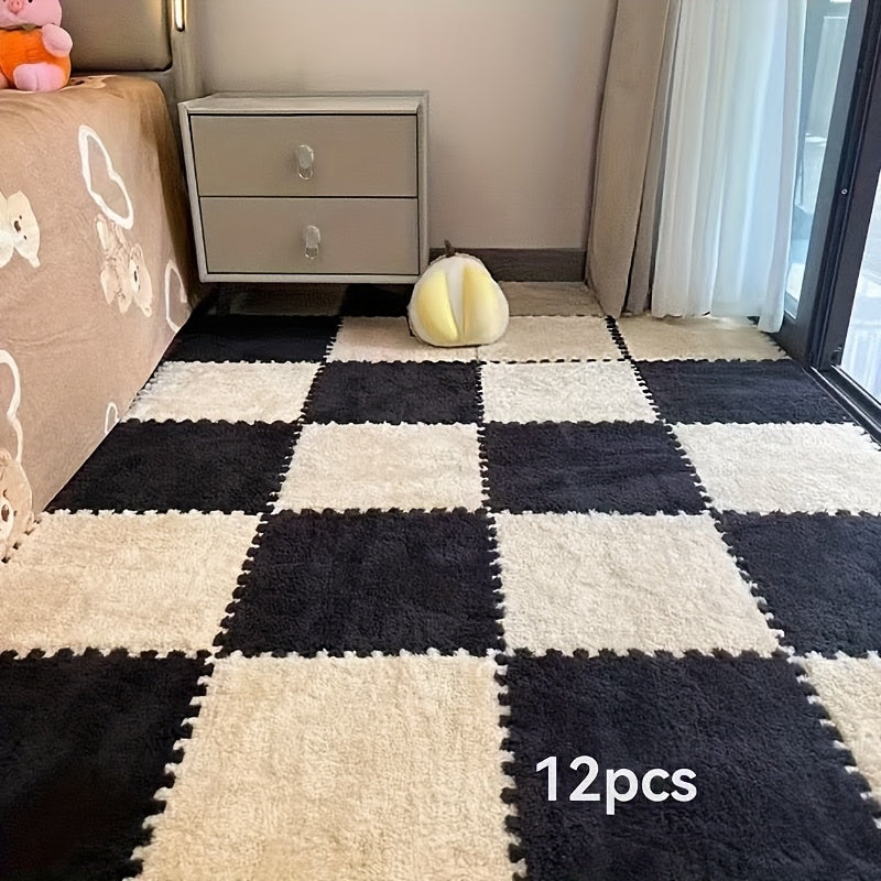 12pcs Square Flower Pattern Plush Area Rugs Set Washable Non-Slip Low Pile Polyester EVA Bedroom Living Room Decor