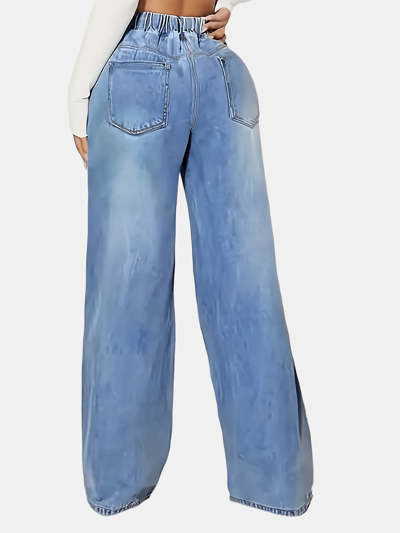 Women's Light Blue Elastic Waist Wide Leg Jeans with Drawstring and Slant Pockets