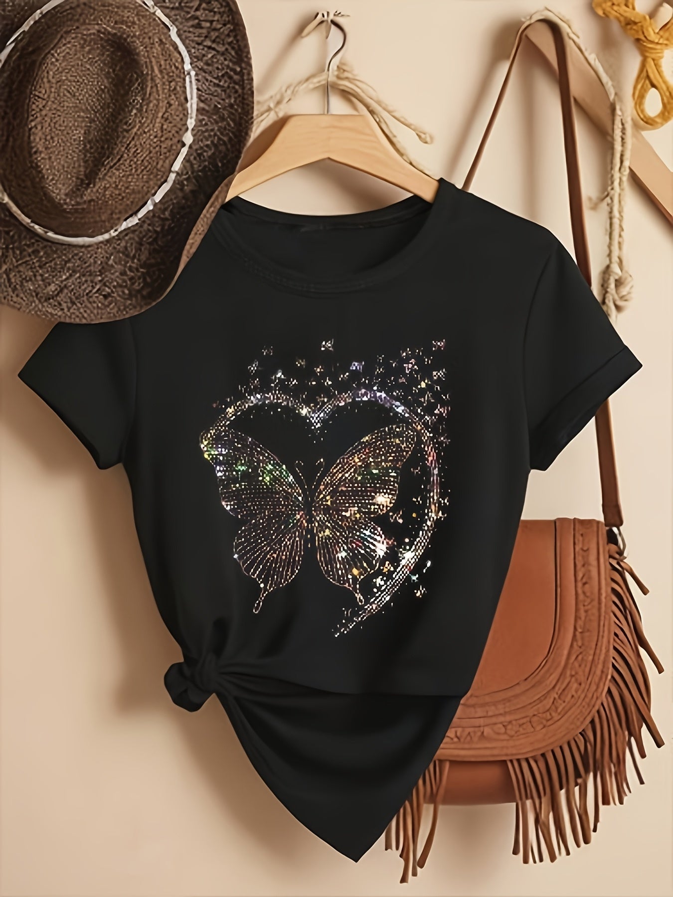 Women's Black Short Sleeve T-Shirt with Shiny Butterfly Print Casual Top