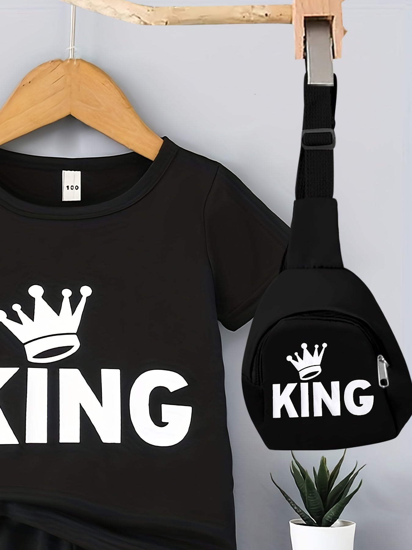 Boys' Casual Outfit Set Black "KING" Crown Print Polyester T-Shirt Shorts Crossbody Bag Spring Summer